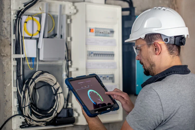 Evergreen HVAC technician checking a system with a tablet